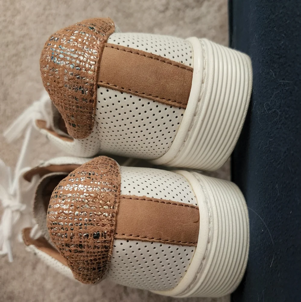 Sofft White Perforated Leather Sneakers with Tan Heel Accent